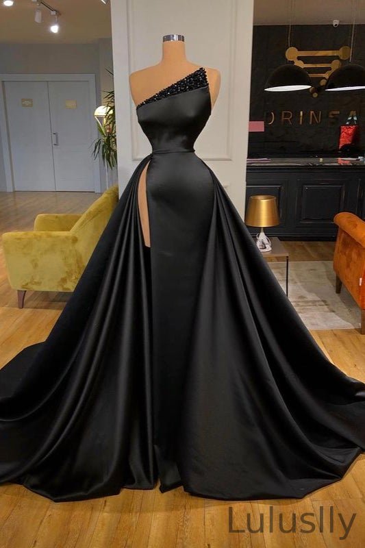 Luluslly Black Overskirt Long Prom Dress With Slit Beads