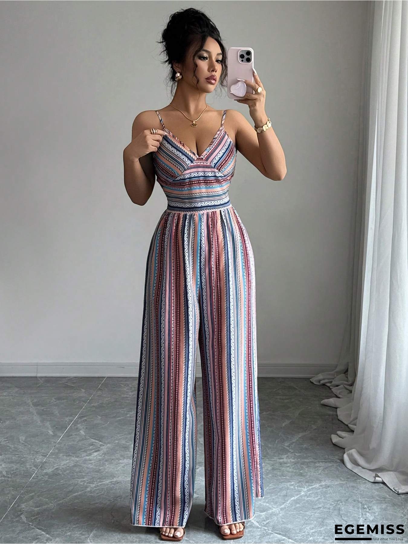 Women's Elegant Pantsuit - Non-Stretchy Wide-leg Jumpsuit, Pastel Pink/Blue/Purple/Teal/Beige/Gray/Black/White, Machine Washable Outfit for Beach, Party, Casual Attire - Elegant Women's Clothing, Ladies Pant Sets, Summer Fashion, Smocking Jumpsuit, Print | EGEMISS