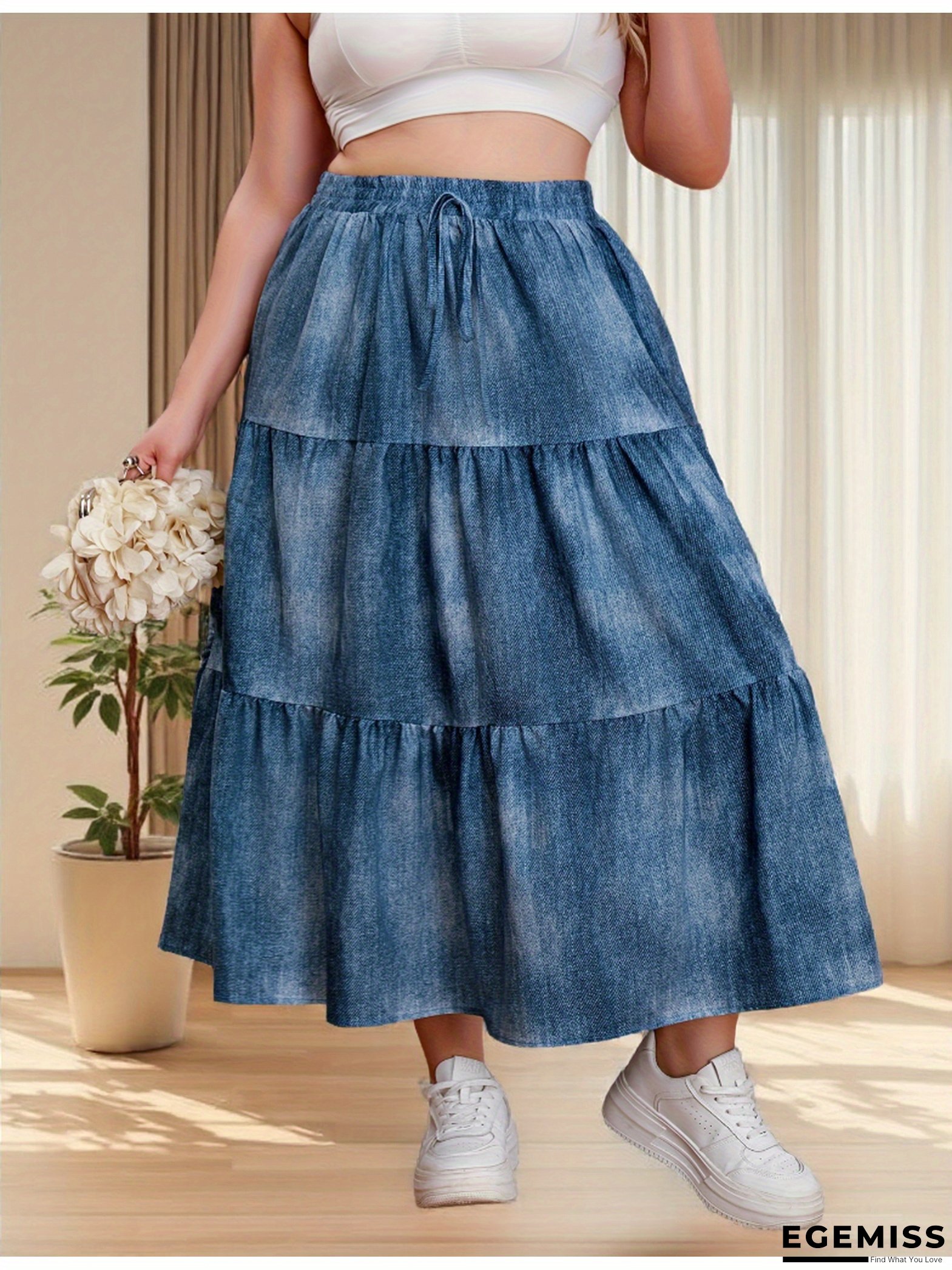 [Plus Size Faux Denim Skirt] Plus Size Ladies' Faux Denim Print Casual Skirt | Machine Washable, Comfortable All-Season Fabric, Perfect for Casual Outings | EGEMISS