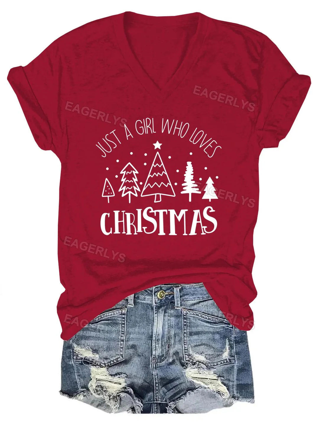 Eagerlys Women's Just A Girl Who Loves Christmas V-neck T-shirt Eagerlys