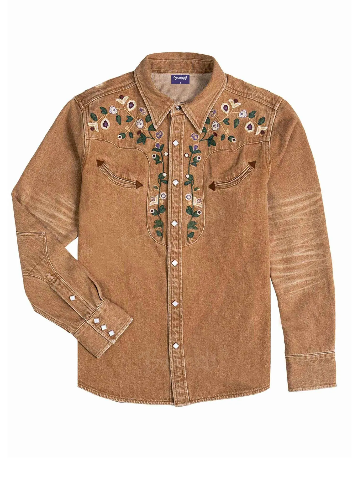 【Embroidery】Vintage Floral Embroidered Western-Style Shirt, Distressed Slim-Fit Men'S Denim Shirt.