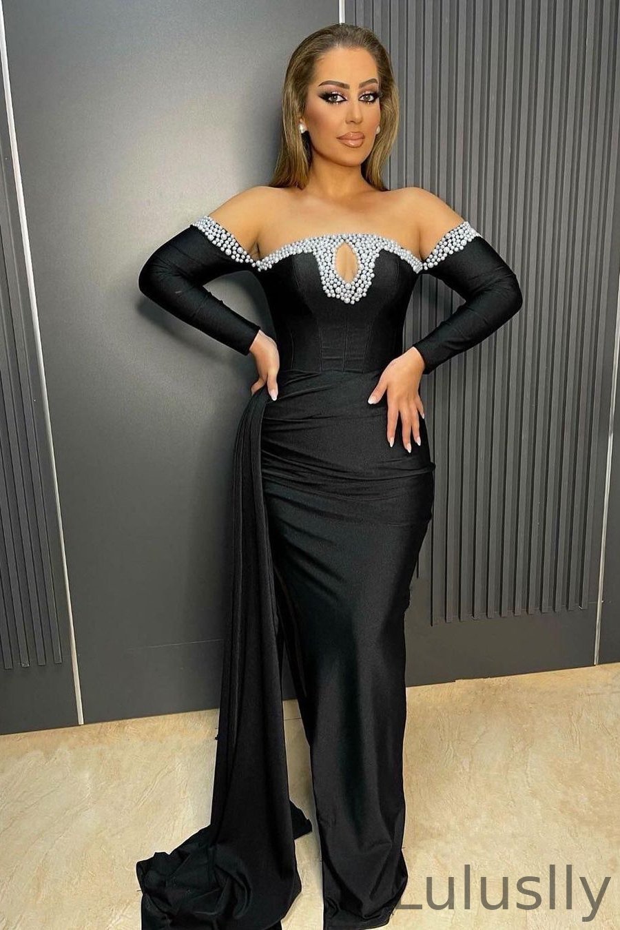 Luluslly Black Long Sleeves Mermaid Evening Prom Dresses With Pearls Ruffles