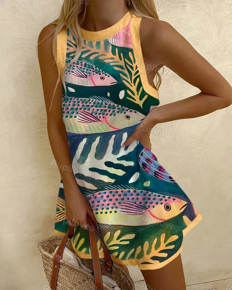 Pupiloves Pupiloves Marine Fish Print Mini Dress