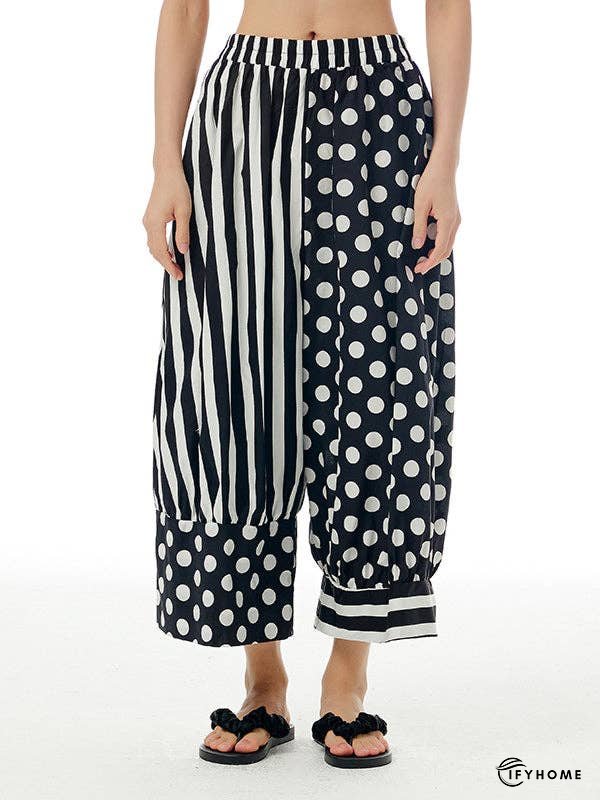 Loose Wide Leg Contrast Color Elasticity Polka-Dot Split-Joint Striped Cropped Trousers Pants | IFYHOME