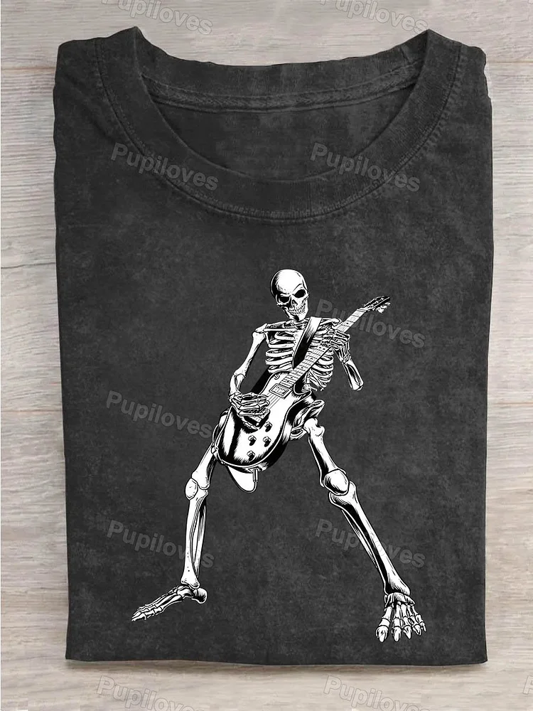 Pupiloves Pupiloves  Vintage Guitar Skull Short Sleeve T-shirt