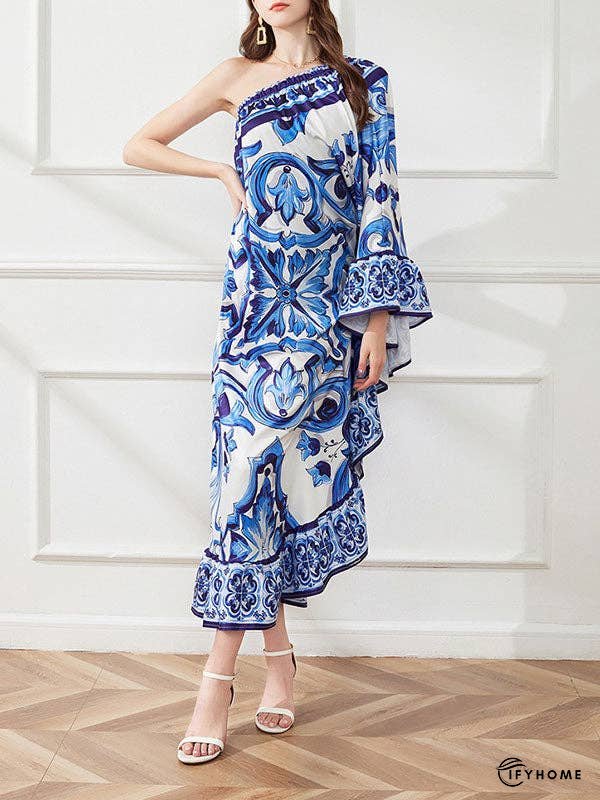 Flared Sleeves Contrast Color Floral Printed One-Shoulder Midi Dresses | IFYHOME