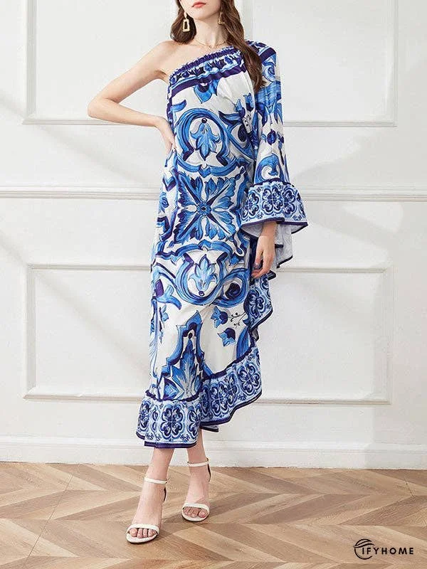 Flared Sleeves Contrast Color Floral Printed One-Shoulder Midi Dresses | IFYHOME