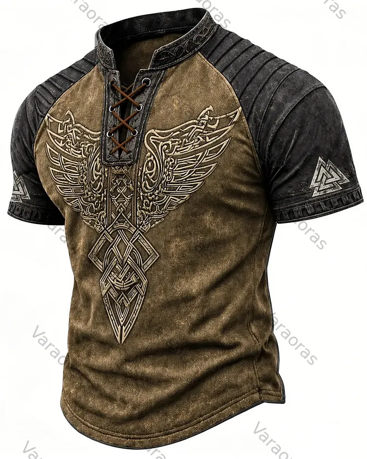 Men's Short-Sleeve Henley T-Shirt with Viking Nordic Pattern Print 5446