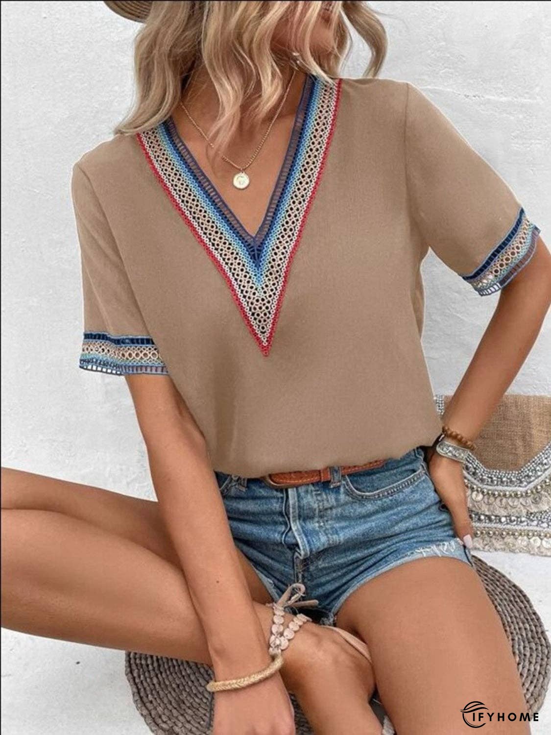 Full Size V-Neck Short Sleeve Blouse | IFYHOME