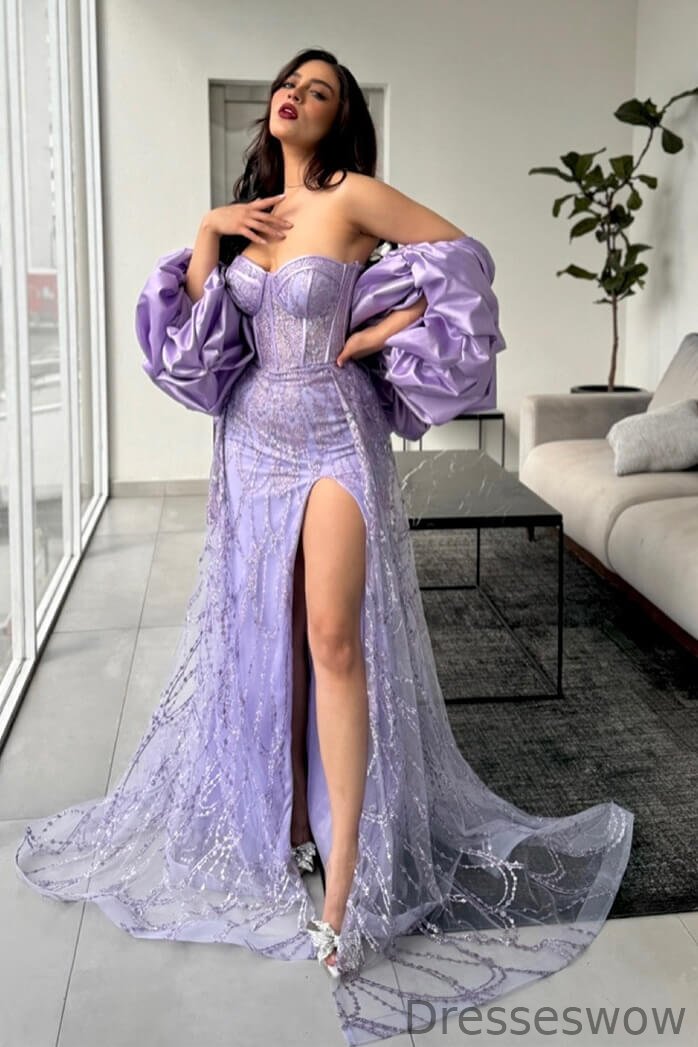 Dresseswow Lilac Sweetheart Split Prom Dress Mermaid Long With Beads