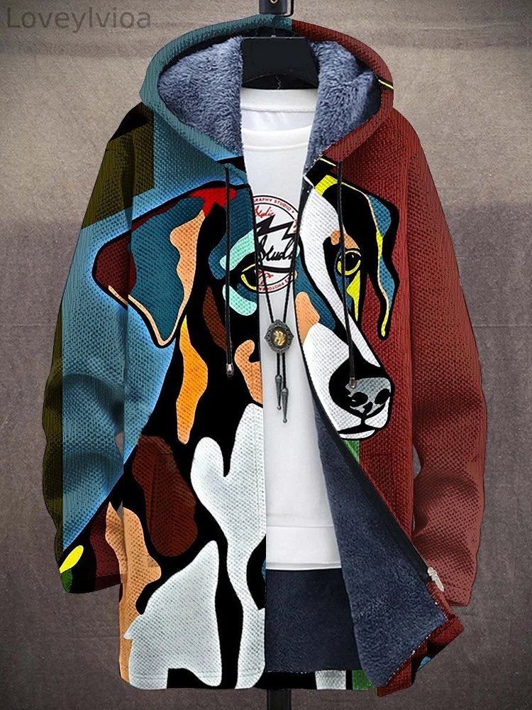 Unisex  Abstract  Dog  Art Print Plush Thick Long-Sleeved Sweater Cardigan Coat