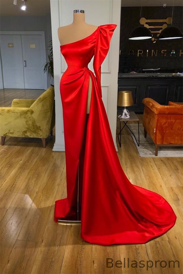 Bellasprom Red Long Sleeves Evening Dress With Slit One Shoulder Bellasprom