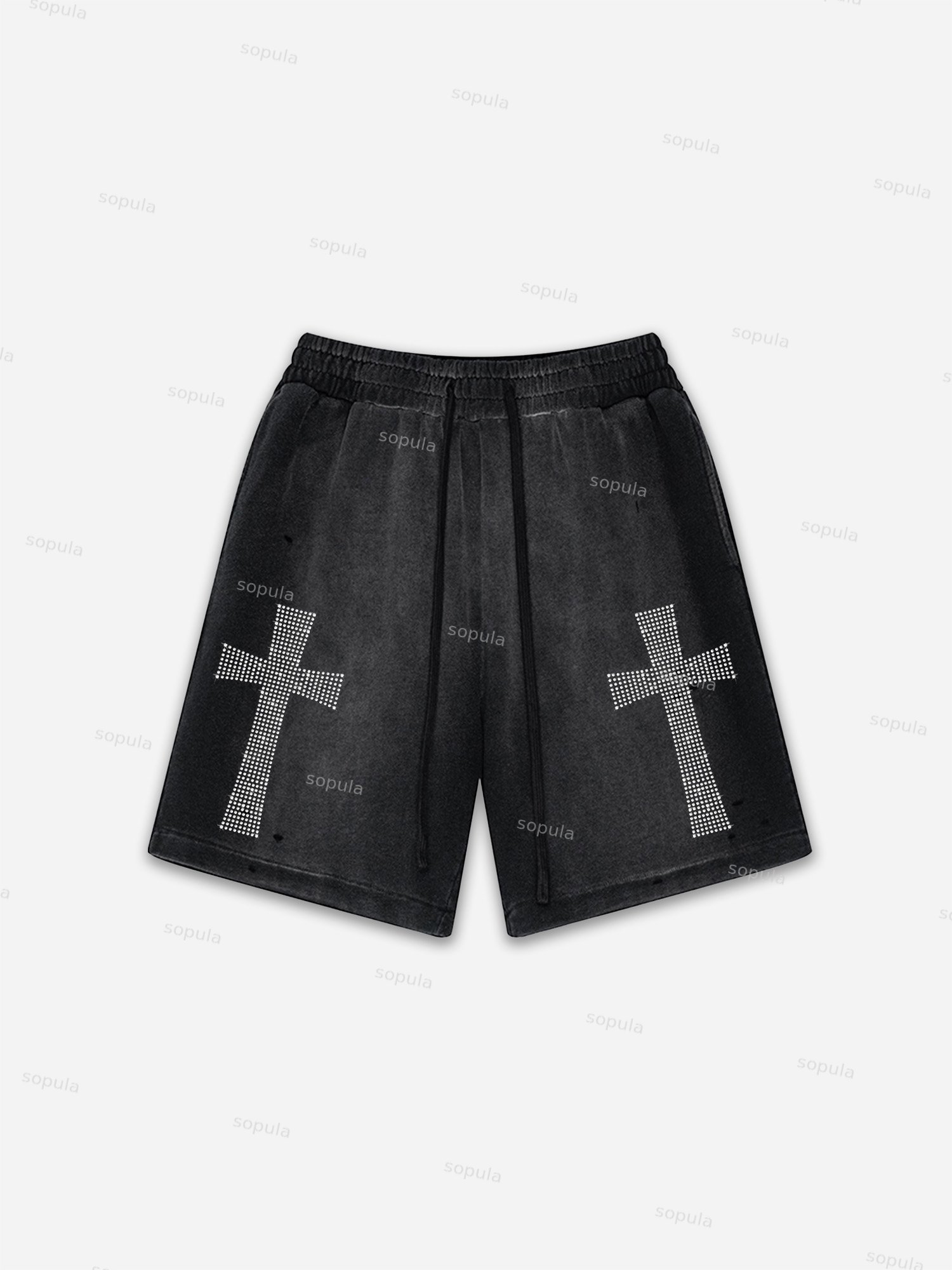 Vintage Washed Flip Flop Shorts Rhinestone Cross Graphic Ripped Shorts