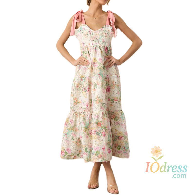 IO Dress Combhasaki Women Summer Wide Shoulder Straps Floral Print Tie Ruffle V-Neck Smocked Patchwork Swing Flowy A-line Long Tank Dress