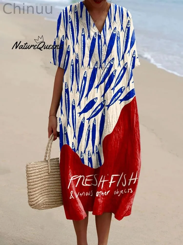 Women's Vintage Fish Sardines Art Print Flowy Dress