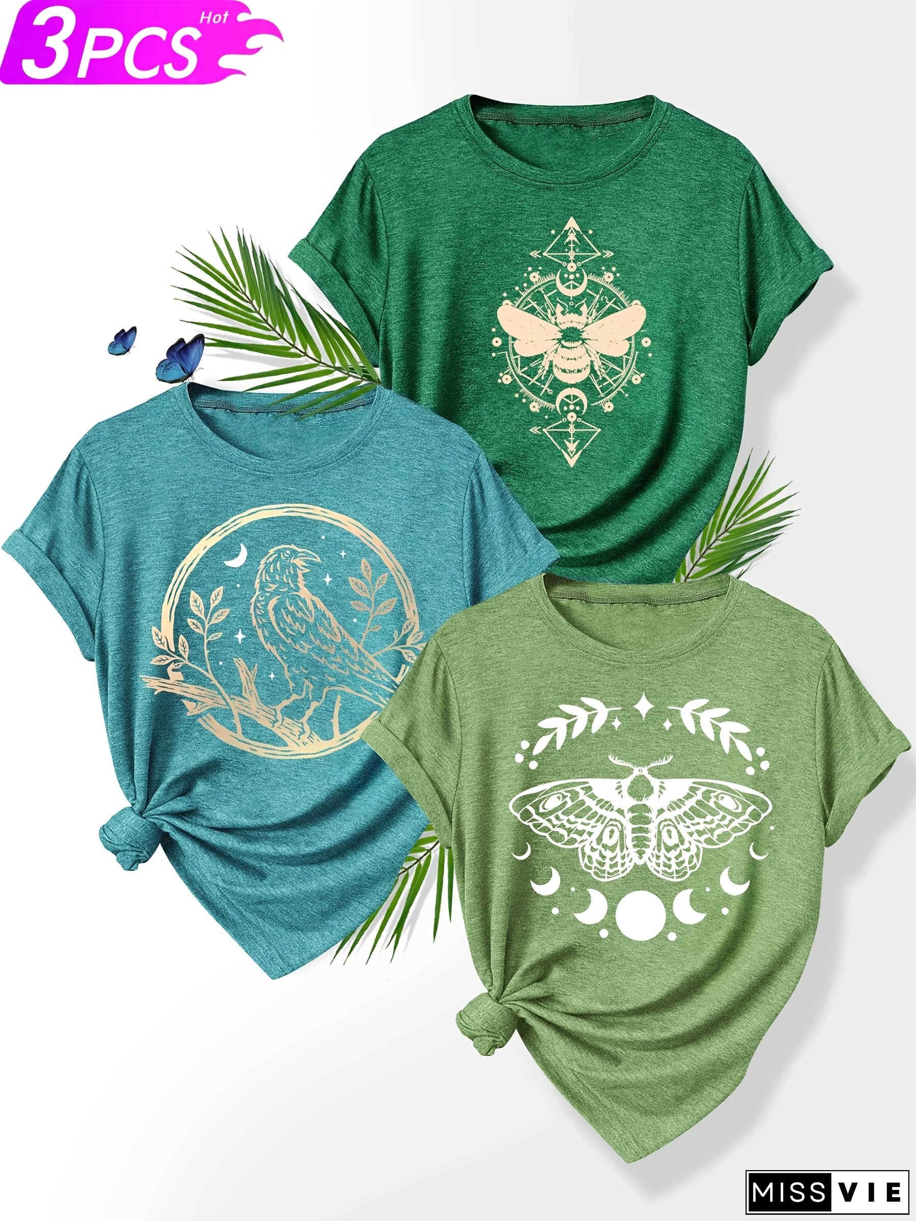 3pcs Set Simple Clear Line Butterfly Bird Series Printed Fashion Retro Women's Summer Casual Sports Round Neck Short Sleeve T-Shirt, Polyester, 180g/M&sup2;, Medium Stretch, Crew Neck, Knit Fabric, With S-Xxl Size Options