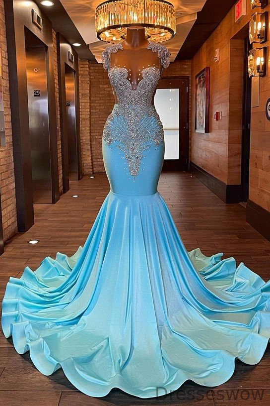 Dresseswow Cap Sleeves Blue Prom Dress Mermaid With Crystals Online