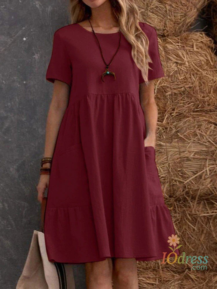 IO DressCasual Loose Solid Color Short Dresses For Women 2024 Summer Simple  A-Line Pocket Midi Dress Elegant Vintage Female Dresses