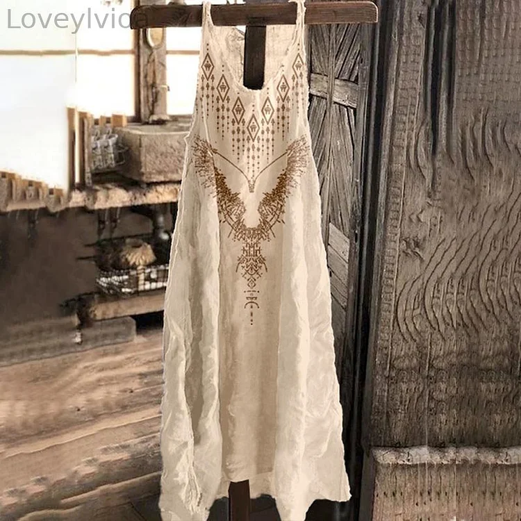 Tribal Bird Geometry Retro Cotton And Linen Maxi Dress