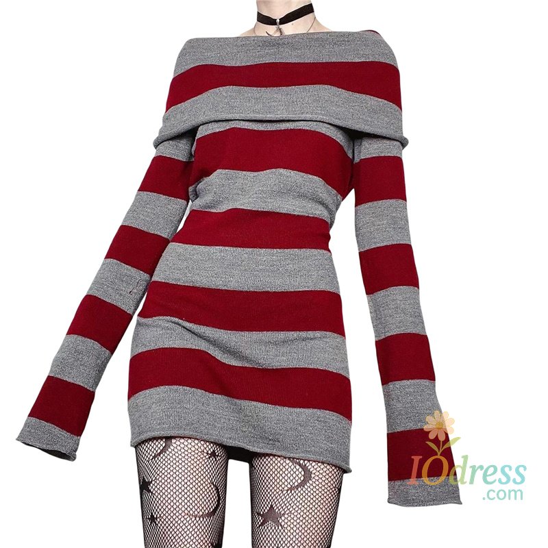 IO Dress Y2K Striped Sweater Mini Dress Mall Goth Grunge Emo Bodycon Chic Women Off Shoulder Full Sleeve Slim Fit Dresses 00s Vintage