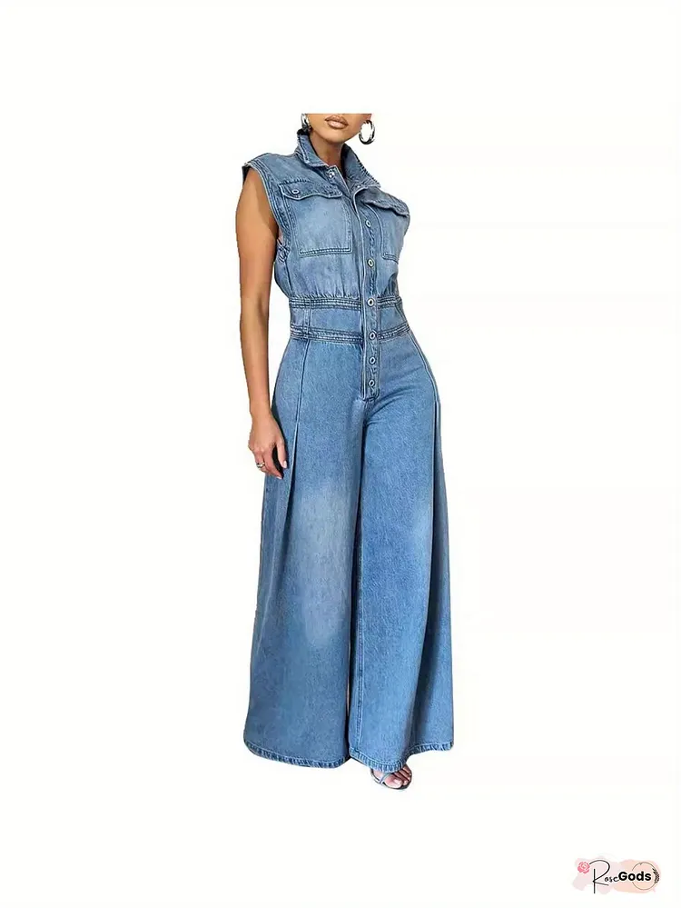 Women's Non-See-Through Jeans-Like Wide-Leg Pants - Stretchy Denim-Like Fabric, One-Piece Outfit For Spring/Fall/Summer, Casual Streetwear Jumpsuit For Everyday & Formal Events, Denim Jumpsuit, Seasonal Fashion, Relaxed Fit, Comfortable Wear