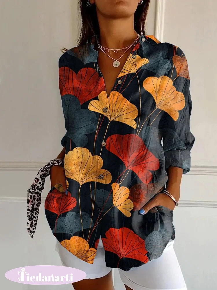Japanese Art Ginkgo Leaf Print Casual Long Sleeve Shirt