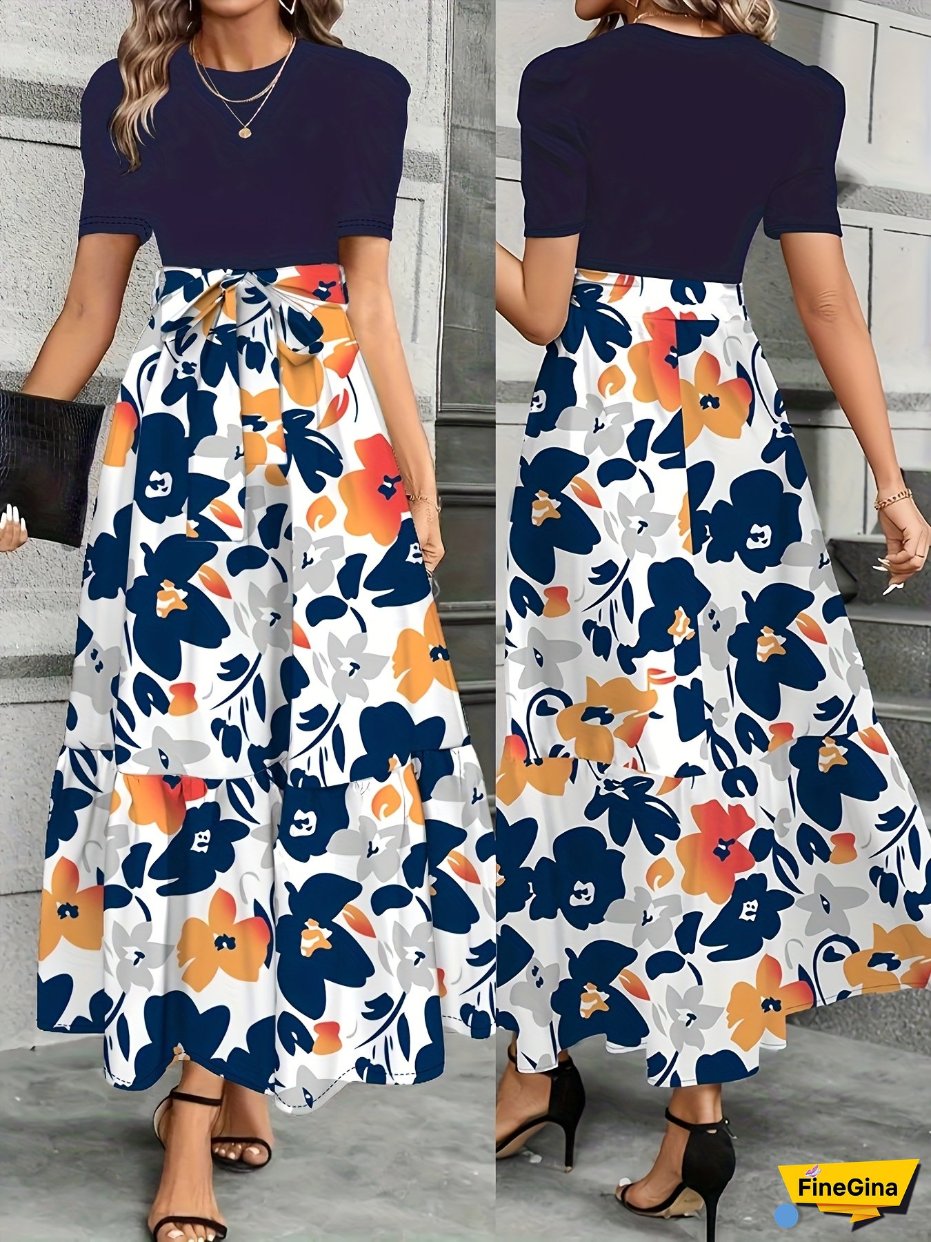 Women‘s Elegant Floral Print Dress with Short Sleeves, Round Neck, and Tie Hem - Colorful Summer Dress for Casual or Formal Occasions, Floral Dres