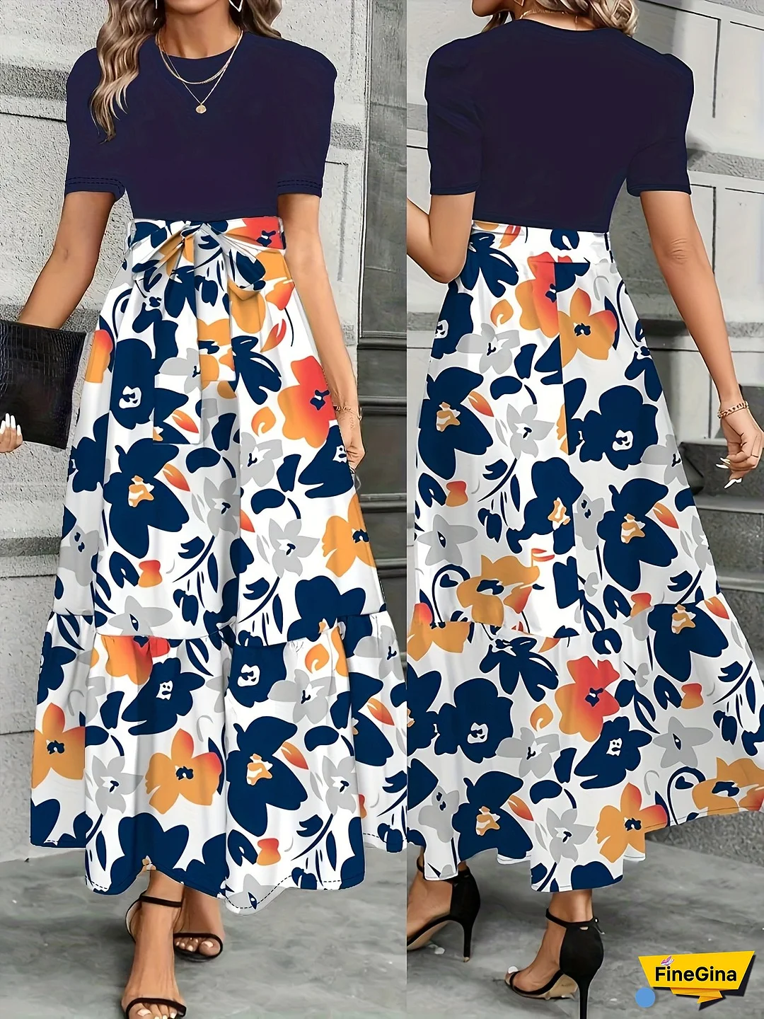 Women‘s Elegant Floral Print Dress with Short Sleeves, Round Neck, and Tie Hem - Colorful Summer Dress for Casual or Formal Occasions, Floral Dres