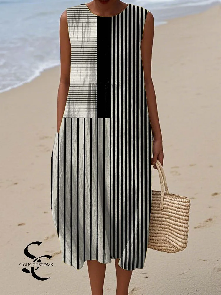 Women's Vintage Abstract Geometric Art Print Sleeveless Cotton Pocket Wrap Dress