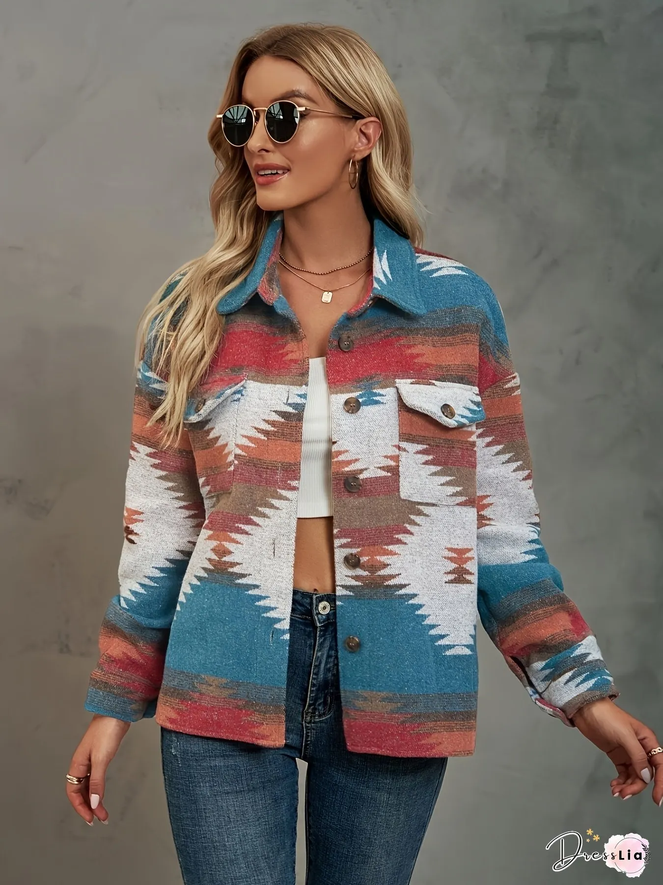 Geometric Patterned Womens Coat With Collar And Pocket Buttons Women Cardigan Top Denim