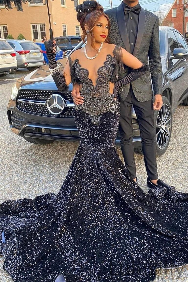 Beautiful Black V-Neck Mermaid Ball Dress With Sequins Beadings Online - lulusllly