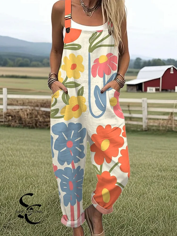 Women's Vintage Floral  Art Print Casual 100% Cotton Wide Leg Jumpsuit