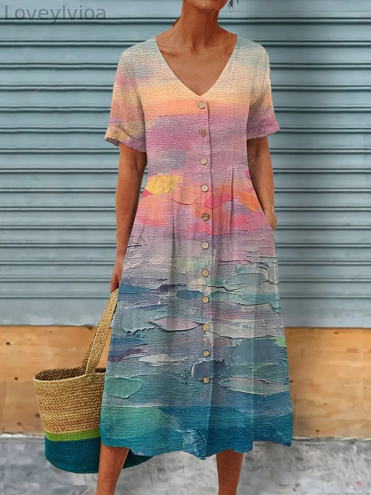Oil Sunset Painting Art Printed Women's Linen Pocket Tunic Dress