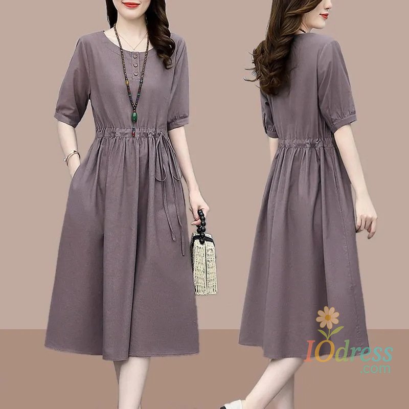 IO Dress Summer Solid O Neck Pocket Drawstring Midi Dress Women Fashion 2022 Korean Elegant Cotton Linen Casual Loose Comfortable Dresses