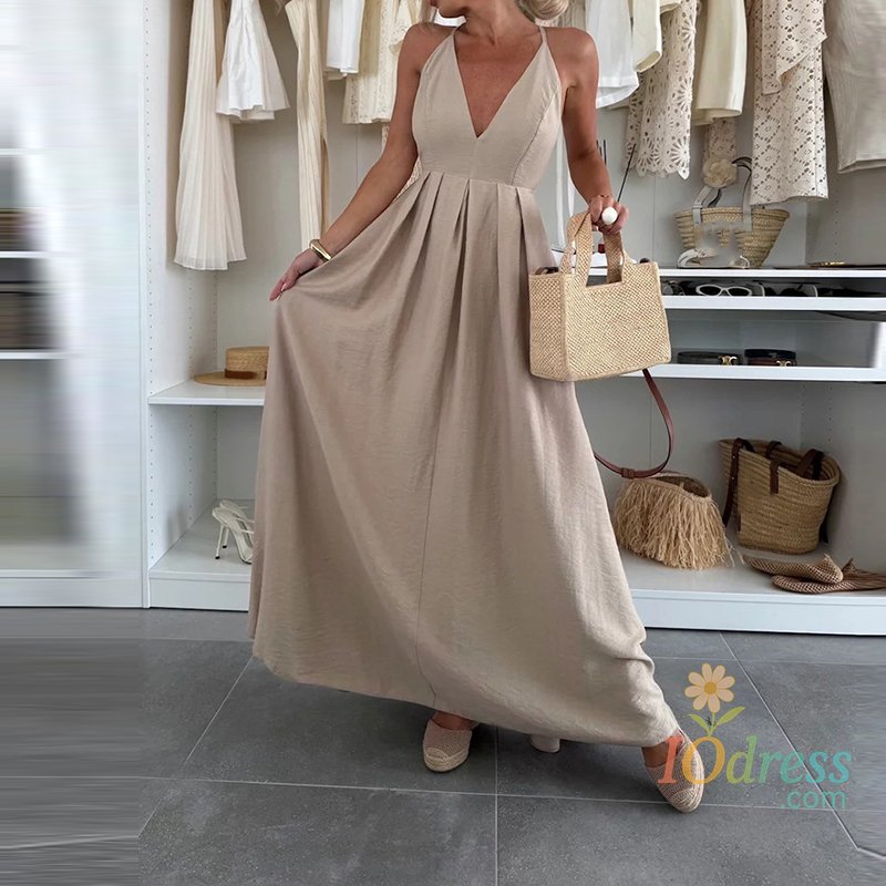 IO Dress Vacation Beach Summer Backless Women Sleeveless Bandage Casual Dress Chic Waist Pleated Solid Color Elegant Long Dress Vestidos IO Dress