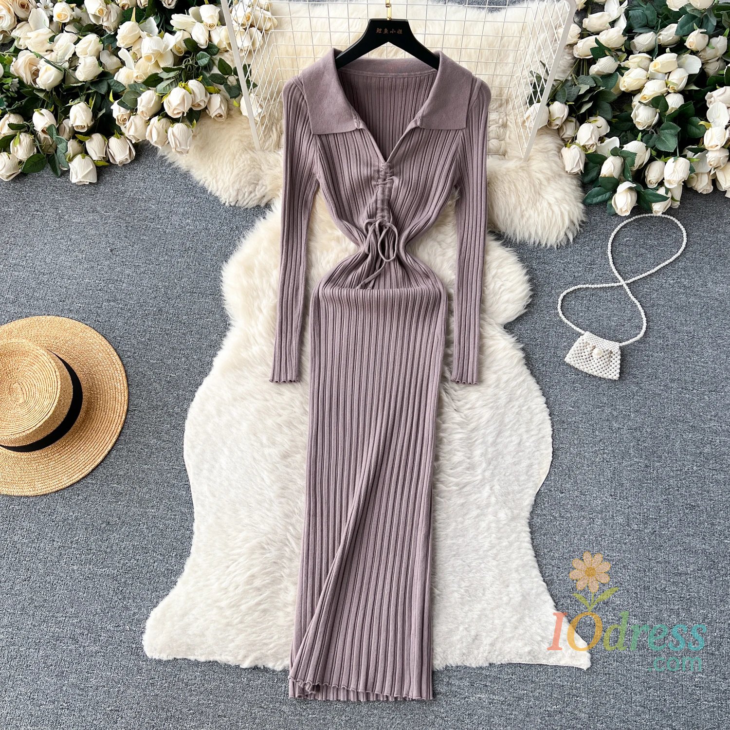 IO Dress YuooMuoo Chic Fashion Elegant Turn-down Collar Knitted Long Dress 2024 Autumn Winter Korean Fashion Ribbed Office Lady Bodycon