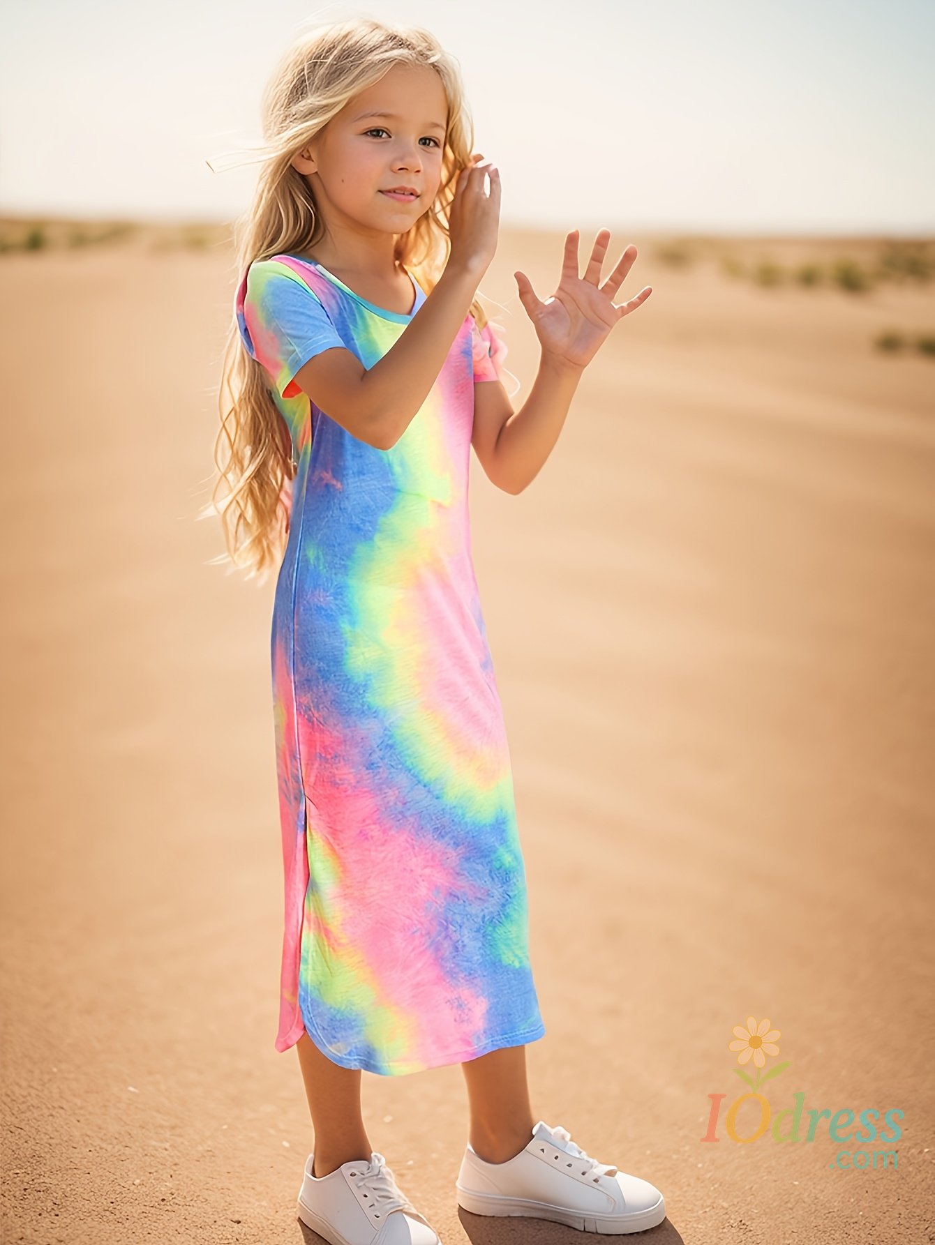IO Dress Girls' Dress Spring and Summer Thin Short-Sleeved Mid-Length Slim Fashionable Girl's Summer Clothing with Random Printing and Dyeing IO Dress