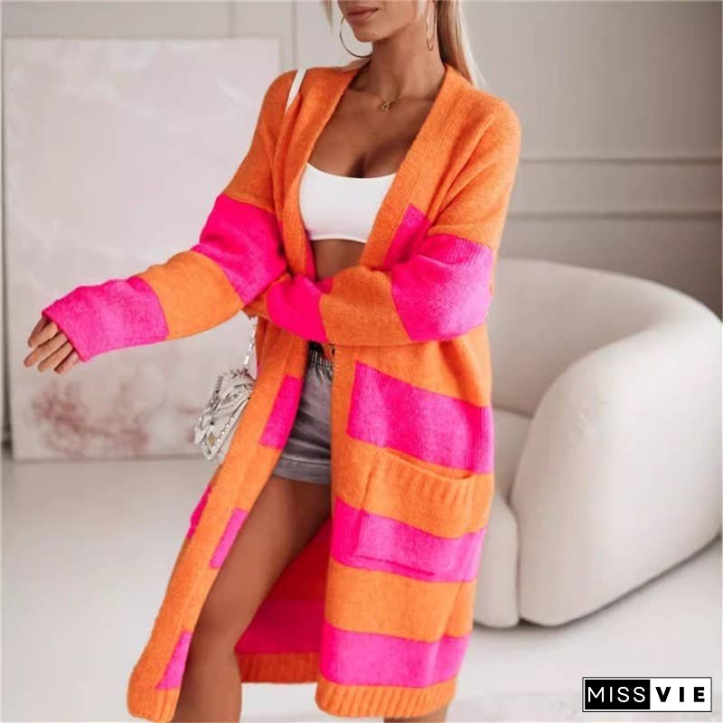 Loose-Fitting Color Block Long Knit Cardigan Sweater