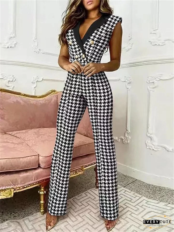 Women's Jumpsuit Button Houndstooth V Neck Business Office Work Regular Fit Sleeveless White Blue Khaki S M L Spring