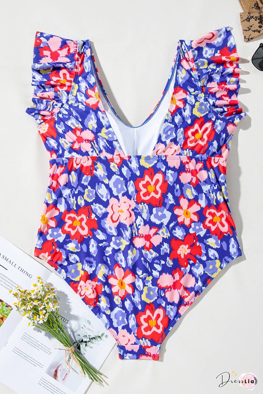 Plus Size Floral Ruffle Backless One Piece Swimsuit