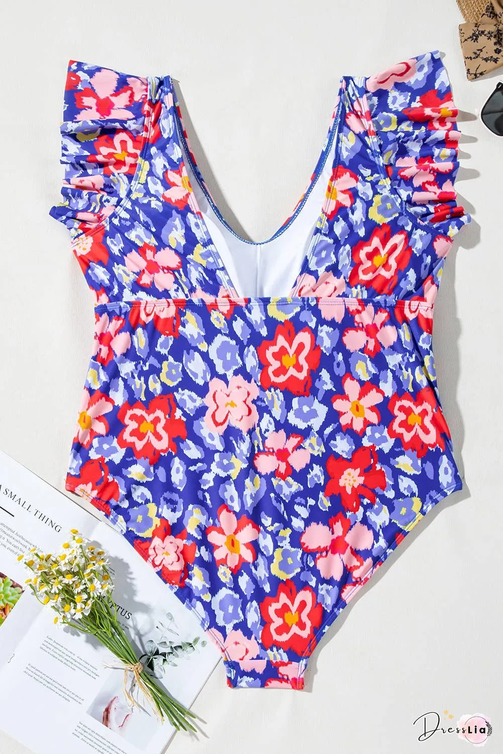 Plus Size Floral Ruffle Backless One Piece Swimsuit