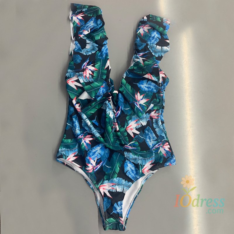 IO Dress Sexy Print Ruffle Ladies One-Piece Swimsuit Bikini Lace Up V Neck No Steel Support with Chest Pad Floral Ladies Swimsuit Set