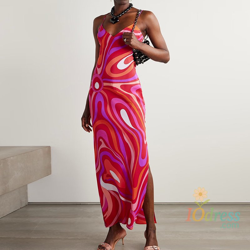 IO Dress Sleeveless Print Patchwork Chic Party Dress, Women Summer Spaghetti Strap Simple Maxi Dress, 2025 Backless Fashion Ladies Dress