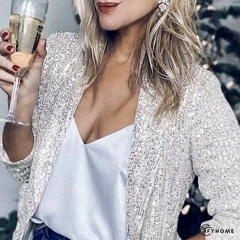 Sequin Long Sleeve Mid-Length Blazer Coat | IFYHOME