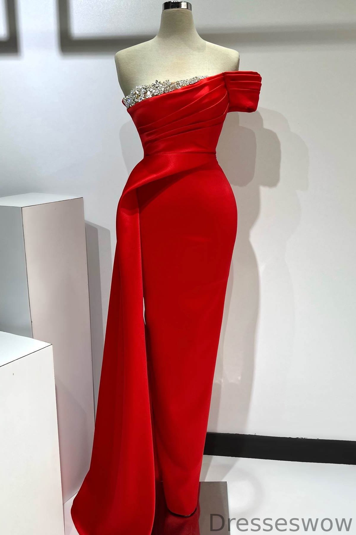 Dresseswow Red One Shoulder Sleeveless Mermaid Evening Dress With Crystals Ruffles