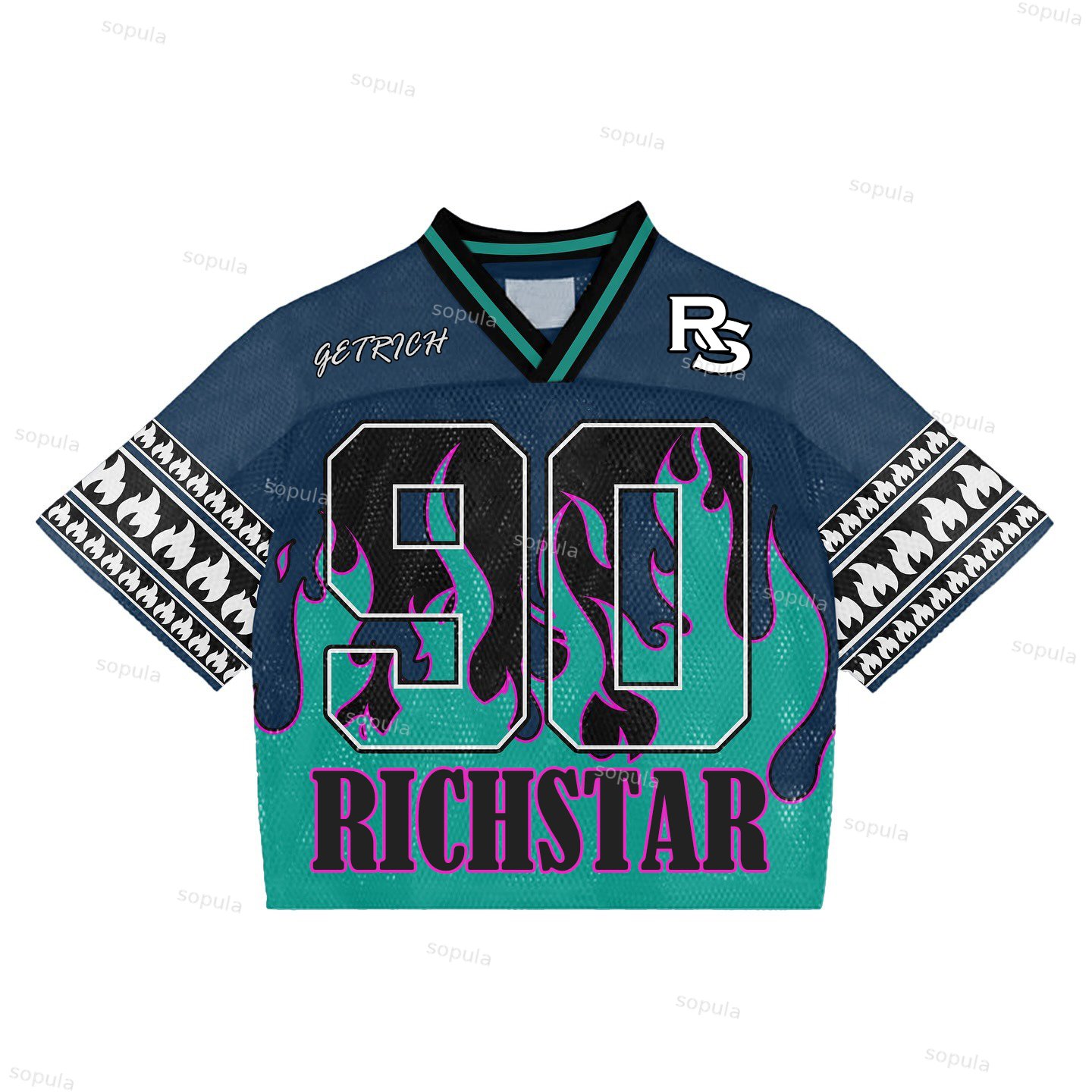 Vintage Richstar Flame Graphics Blokecore Blokette Cropped V-neck Jersey T-shirt