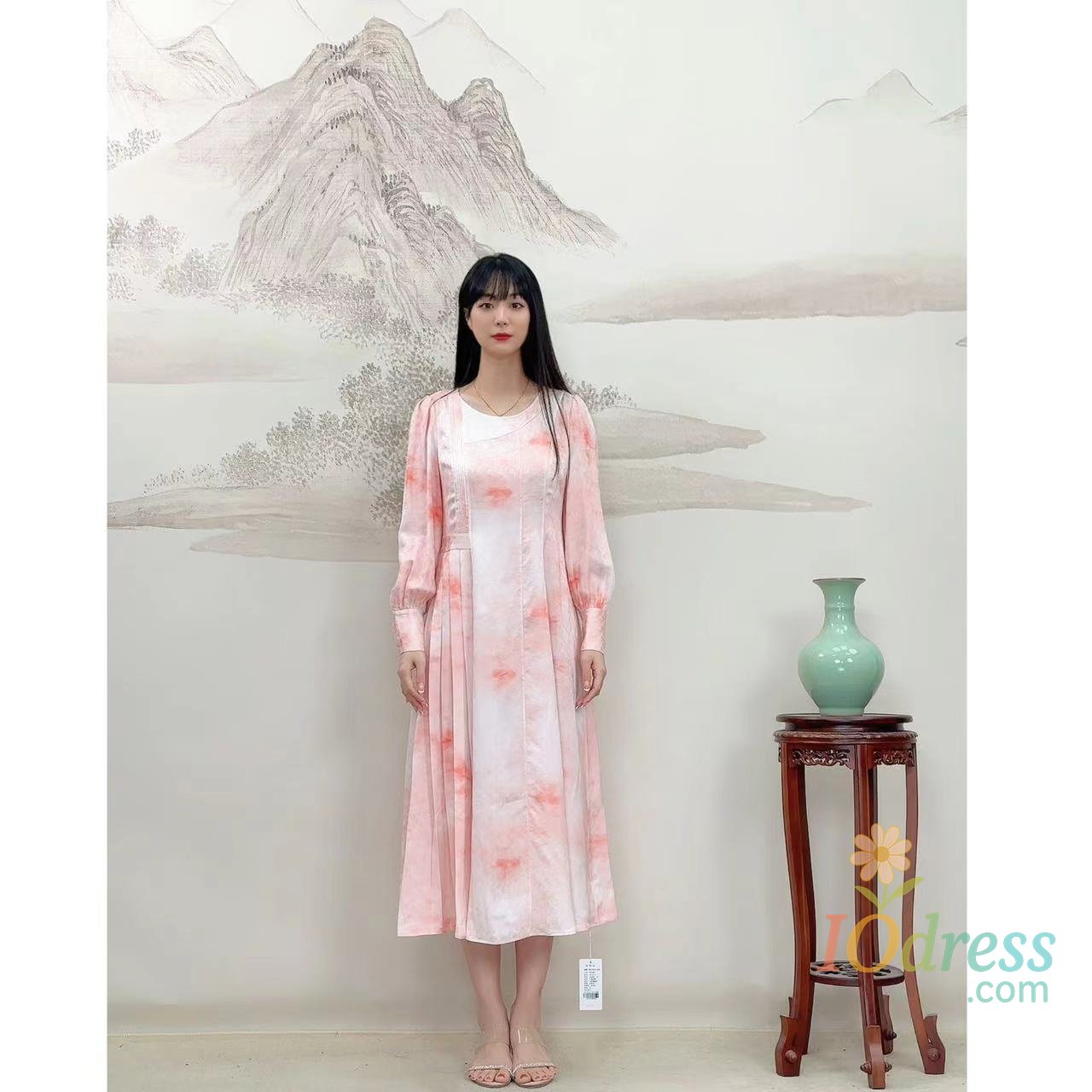 IO Dress VOA Turquoise Blue 22 Momme Jacquard Patterned Mulberry Silk Round-neck Pure Silk Dress IO Dress