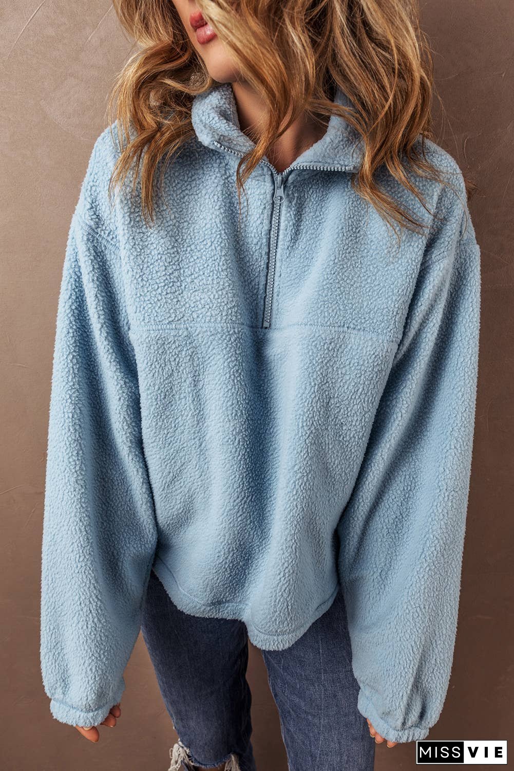 Collared Zipper Drop Shoulder Fleece Sweatshirt