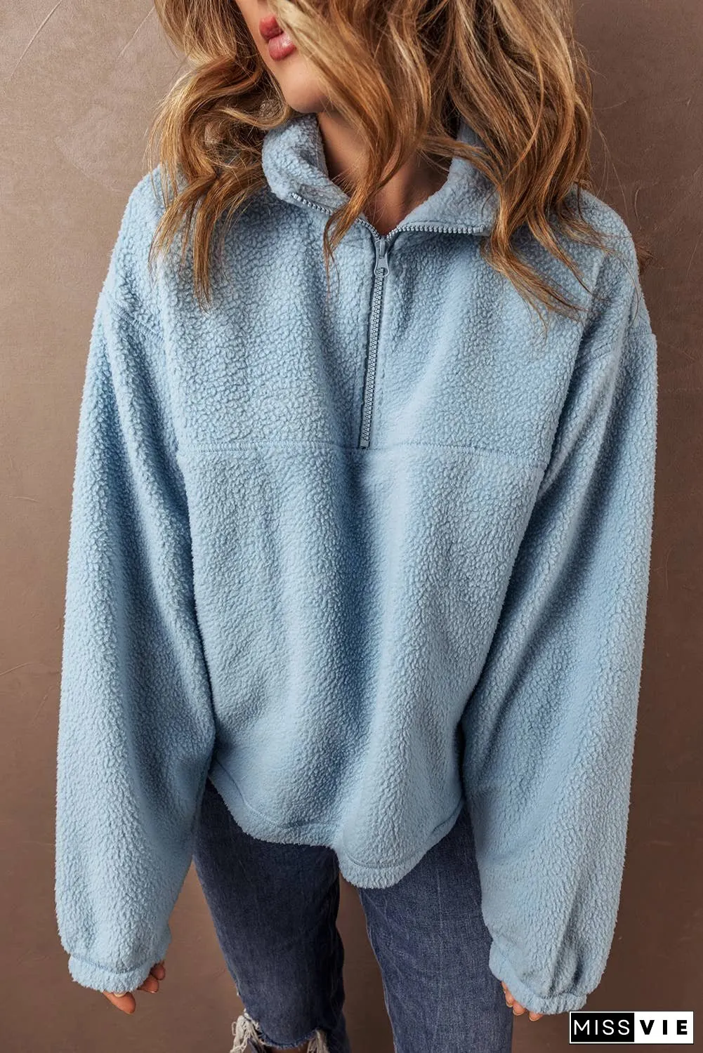 Collared Zipper Drop Shoulder Fleece Sweatshirt