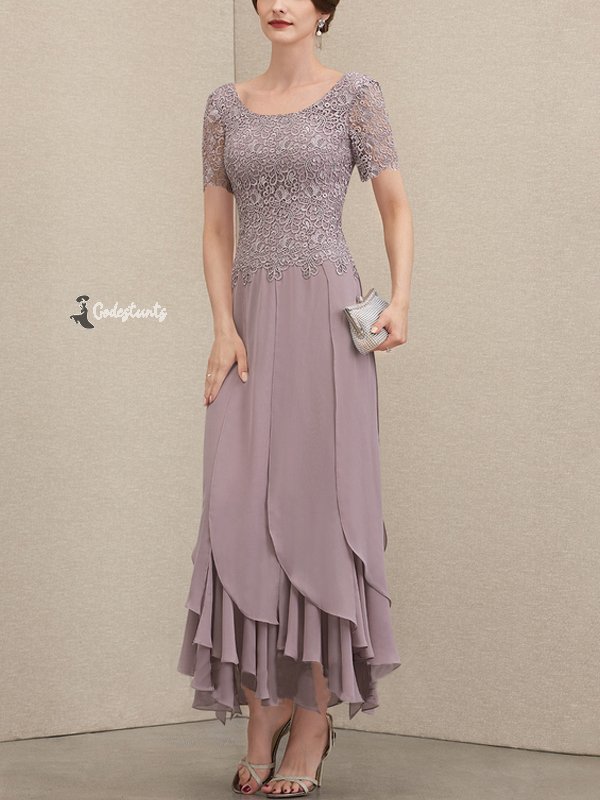 A-Line Scoop Neck Ankle Chiffon Lace Bridal Mom Gown with Layered Ruffles